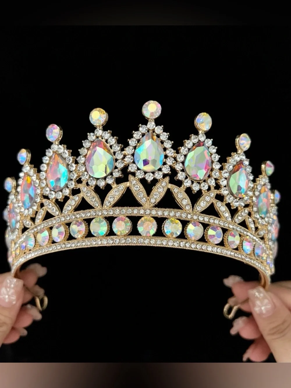 Gold Crystal Teardrop Tiara with Iridescent Stones - Women Accessories